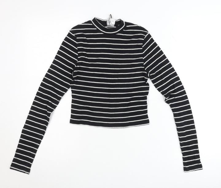 Zara Women Black Striped Slim Fit Mock Neck Cropped Long Sleeve T-Shirt Size S