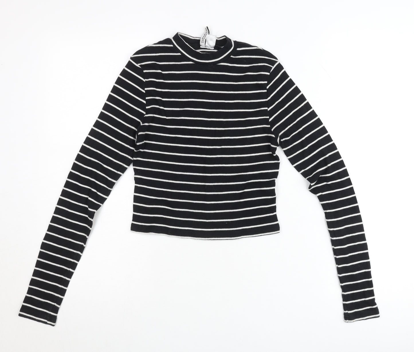 Zara Women Black Striped Slim Fit Mock Neck Cropped Long Sleeve T-Shirt Size S