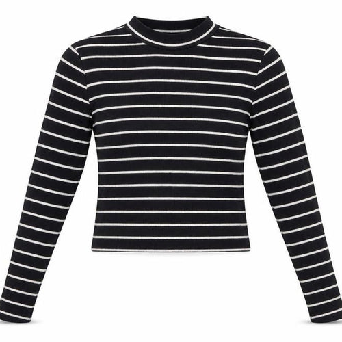 Zara Women Black Striped Slim Fit Mock Neck Cropped Long Sleeve T-Shirt Size S