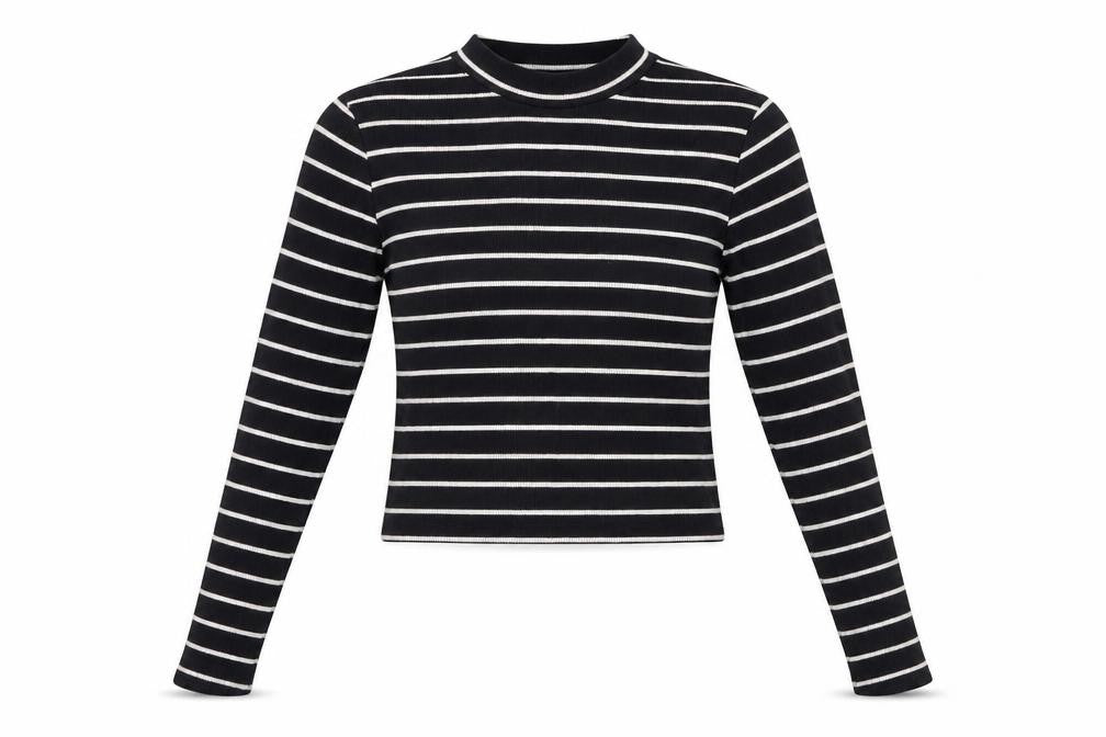 Zara Women Black Striped Slim Fit Mock Neck Cropped Long Sleeve T-Shirt Size S