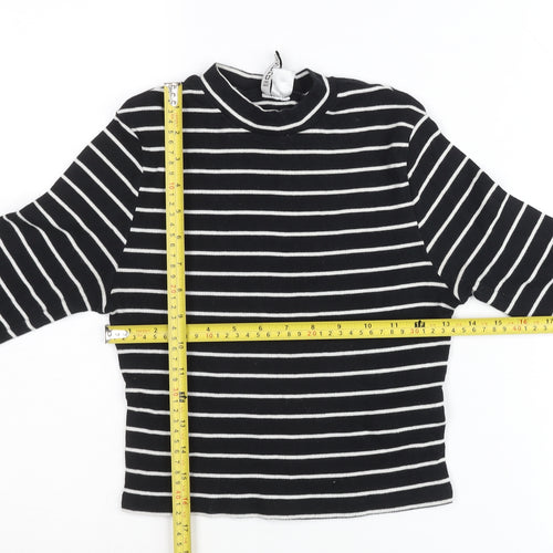 Zara Women Black Striped Slim Fit Mock Neck Cropped Long Sleeve T-Shirt Size S