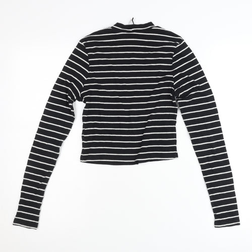 Zara Women Black Striped Slim Fit Mock Neck Cropped Long Sleeve T-Shirt Size S