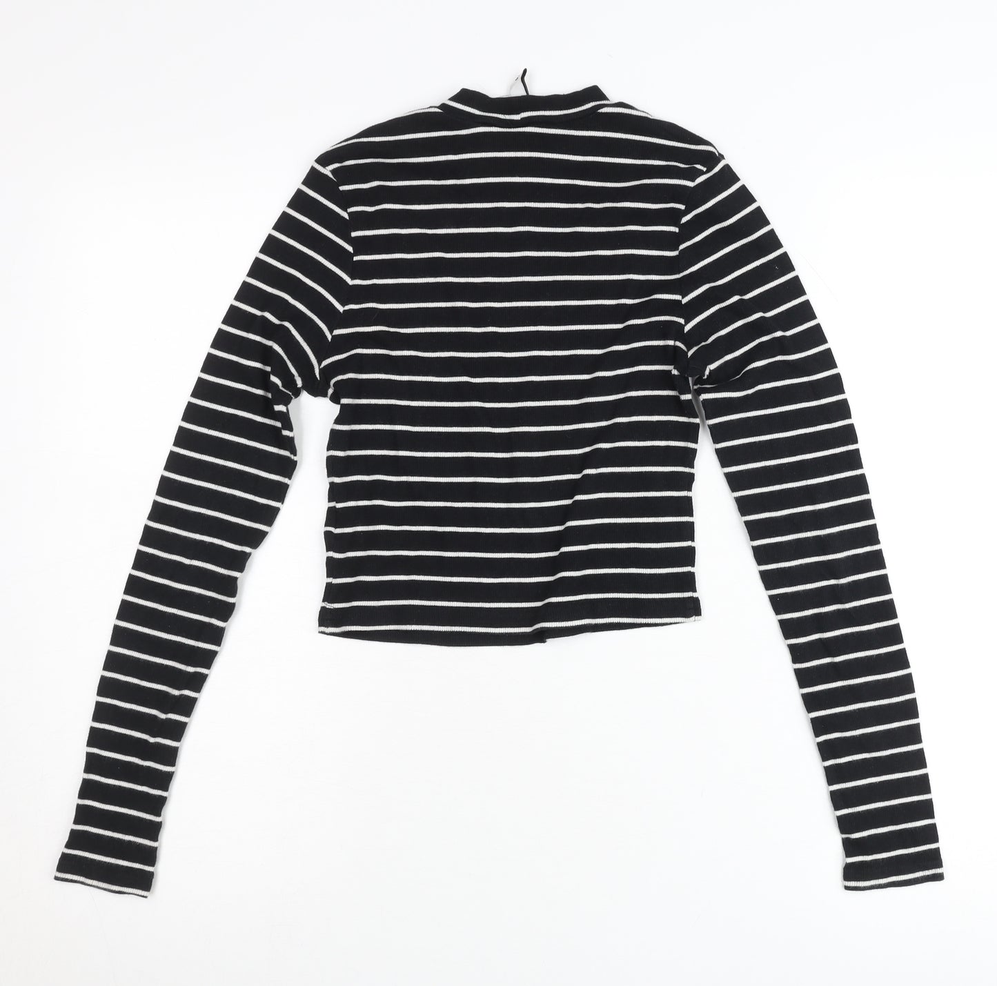 Zara Women Black Striped Slim Fit Mock Neck Cropped Long Sleeve T-Shirt Size S