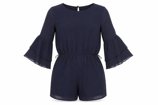 Front view of H&M Teens Blue Chiffon Playsuit 11-12Y Bell Sleeve Party Outfit