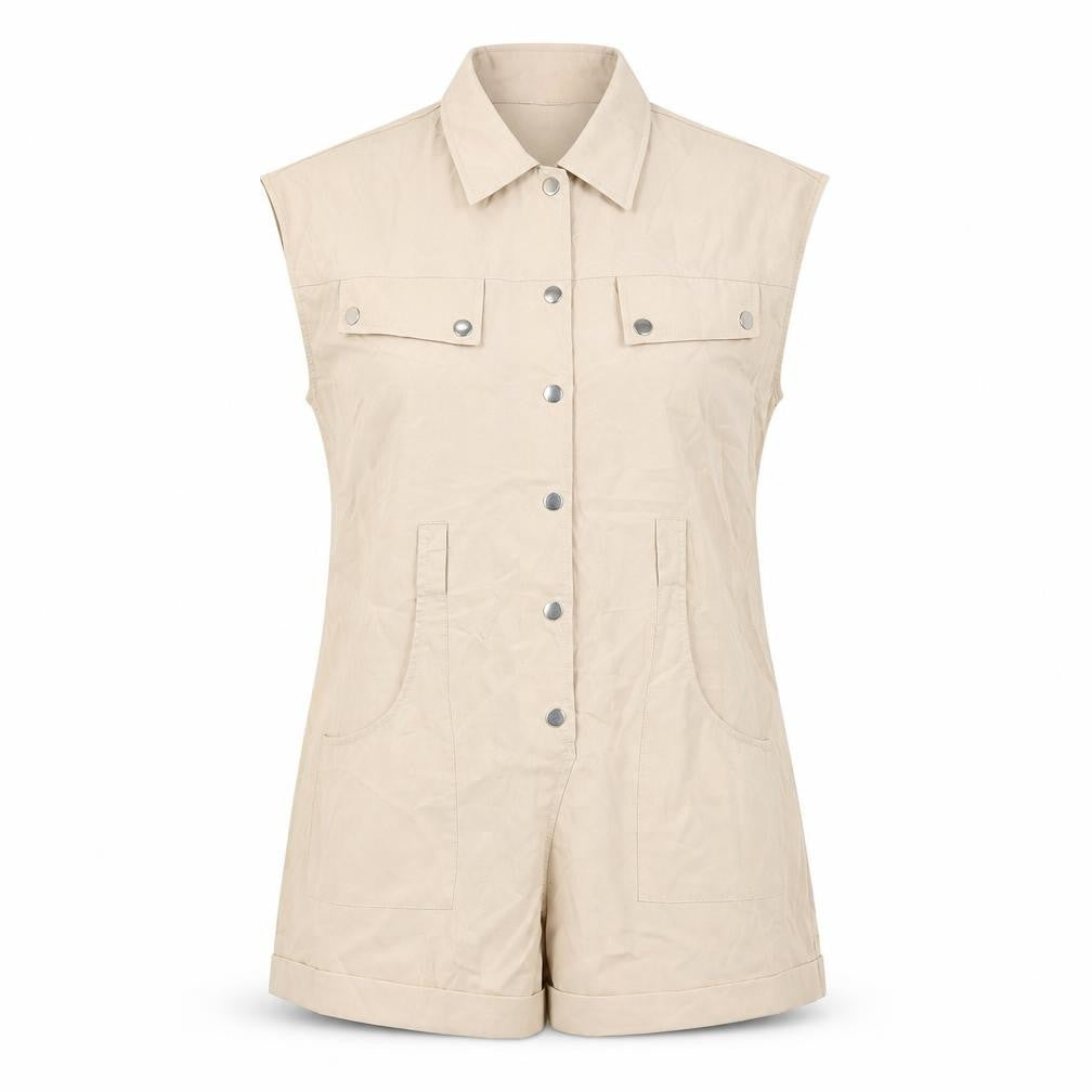 Front view of Solinary women’s beige sleeveless collared playsuit, size S