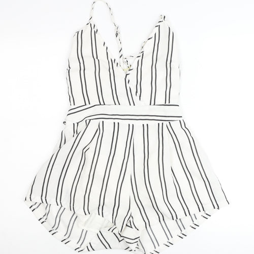 Glamorous Women’s White Striped Belted V-Neck Playsuit Size M