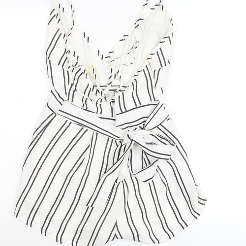 Glamorous Women’s White Striped Belted V-Neck Playsuit Size M
