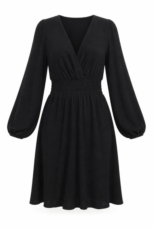 Front view of Mango Women’s Black Skater Mini Dress, size S, Long Sleeve Ruched