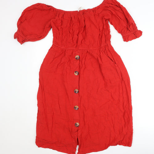 Next Women’s Red Off Shoulder Puff Sleeve Button Dress Size 12