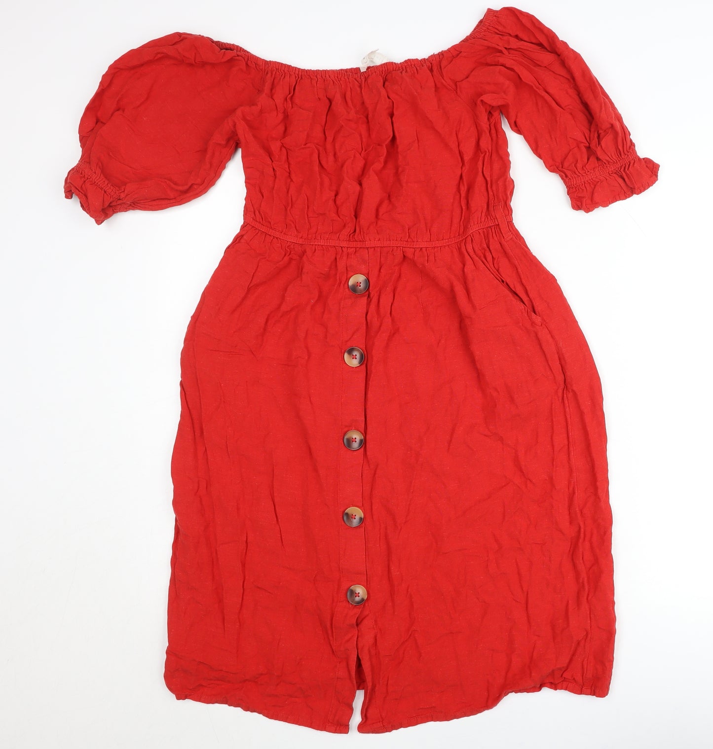 Next Women’s Red Off Shoulder Puff Sleeve Button Dress Size 12