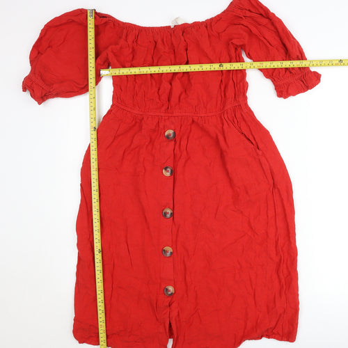 Next Women’s Red Off Shoulder Puff Sleeve Button Dress Size 12