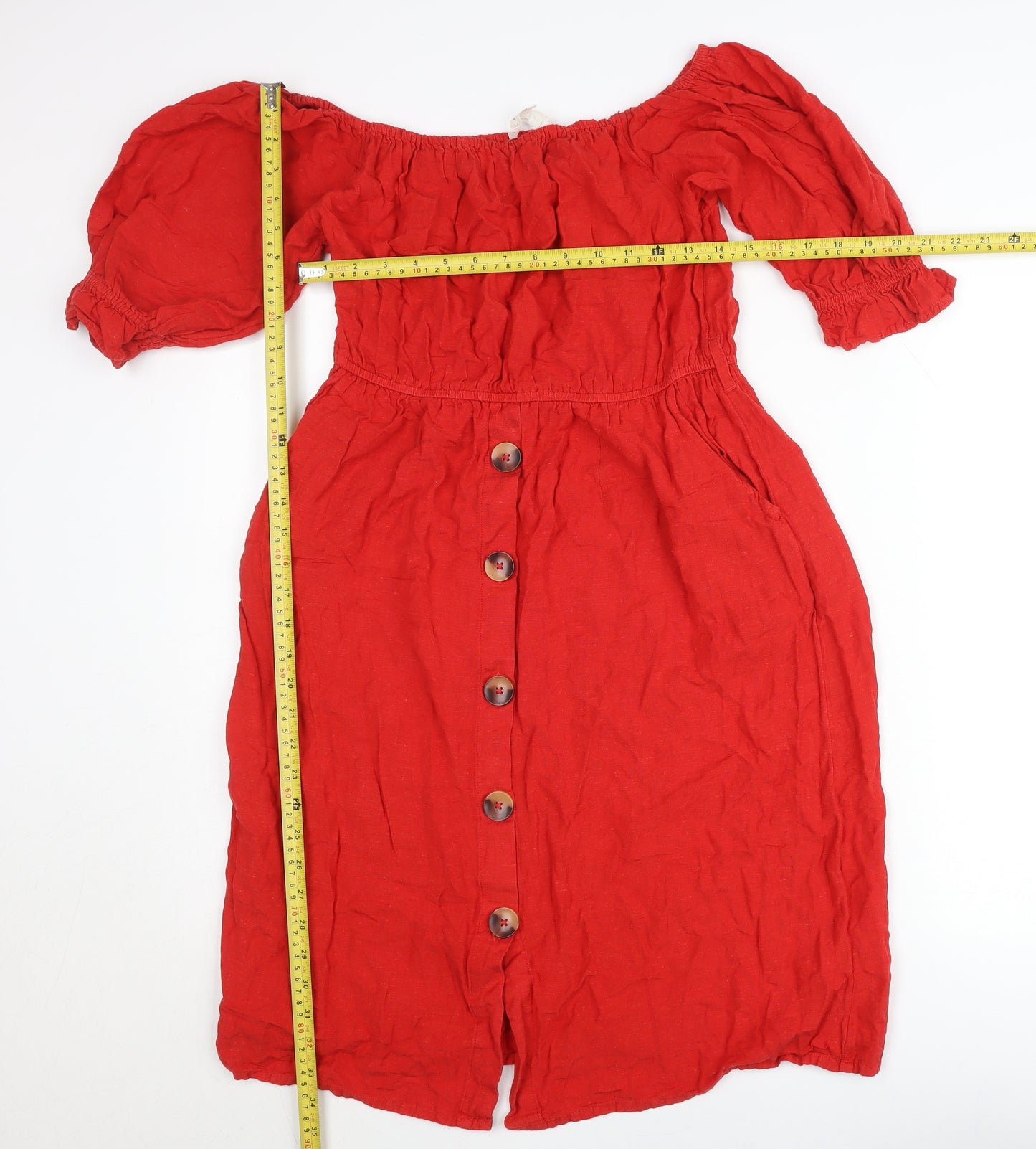 Next Women’s Red Off Shoulder Puff Sleeve Button Dress Size 12