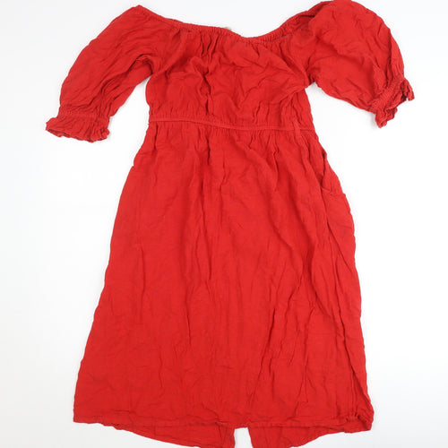 Next Women’s Red Off Shoulder Puff Sleeve Button Dress Size 12