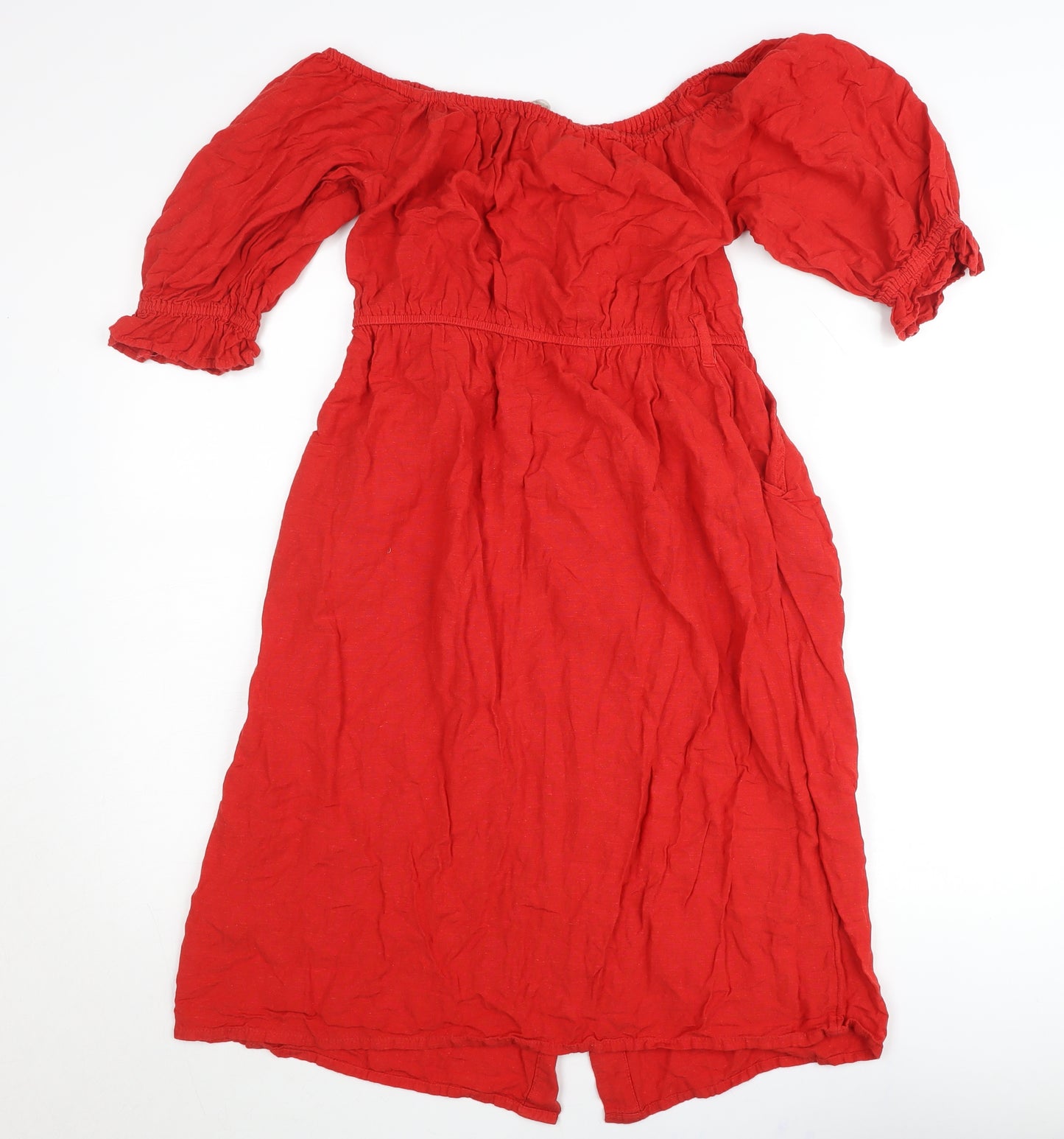 Next Women’s Red Off Shoulder Puff Sleeve Button Dress Size 12