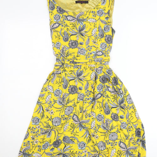 Tenki Women’s Yellow Floral A-Line Belted Sleeveless Dress Size 8