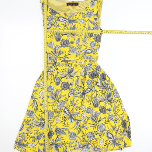 Tenki Women’s Yellow Floral A-Line Belted Sleeveless Dress Size 8