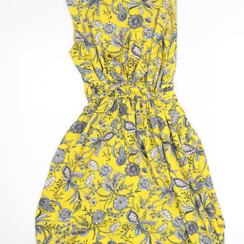 Tenki Women’s Yellow Floral A-Line Belted Sleeveless Dress Size 8