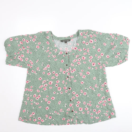 Bonmarché Womens Green Floral Blouse Size 12 Short Sleeve Viscose