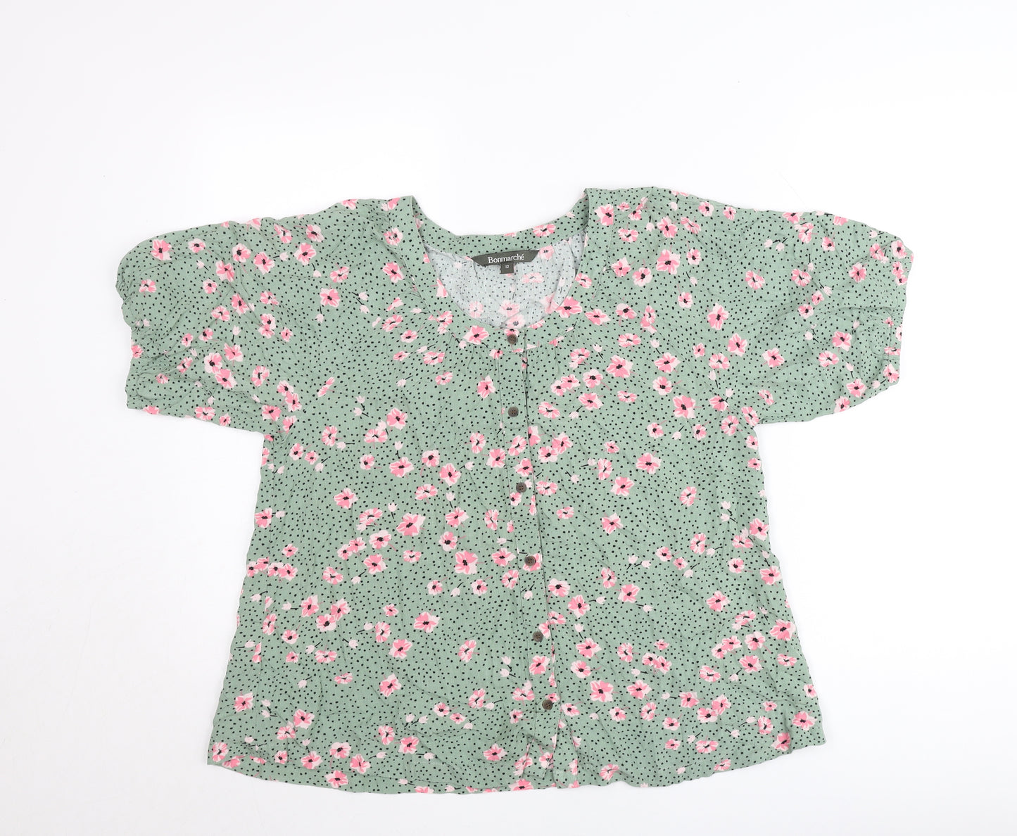 Bonmarché Womens Green Floral Blouse Size 12 Short Sleeve Viscose