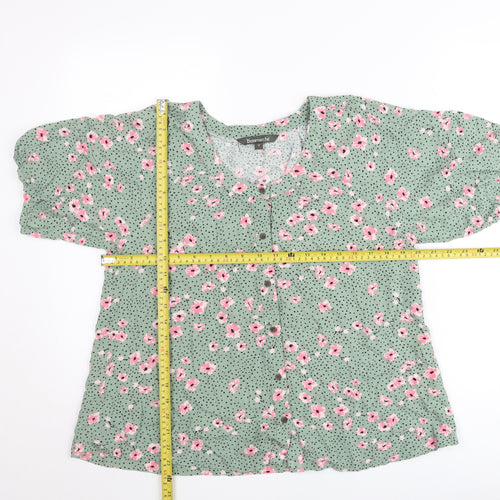 Bonmarché Womens Green Floral Blouse Size 12 Short Sleeve Viscose