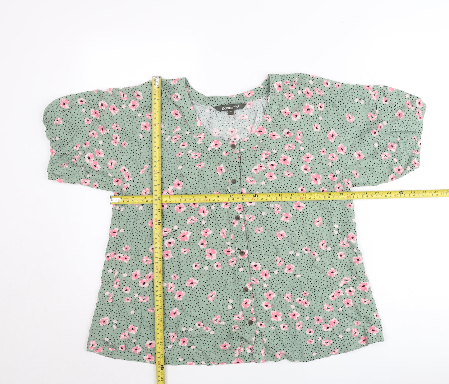 Bonmarché Womens Green Floral Blouse Size 12 Short Sleeve Viscose