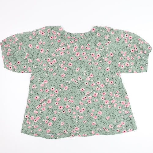 Bonmarché Womens Green Floral Blouse Size 12 Short Sleeve Viscose
