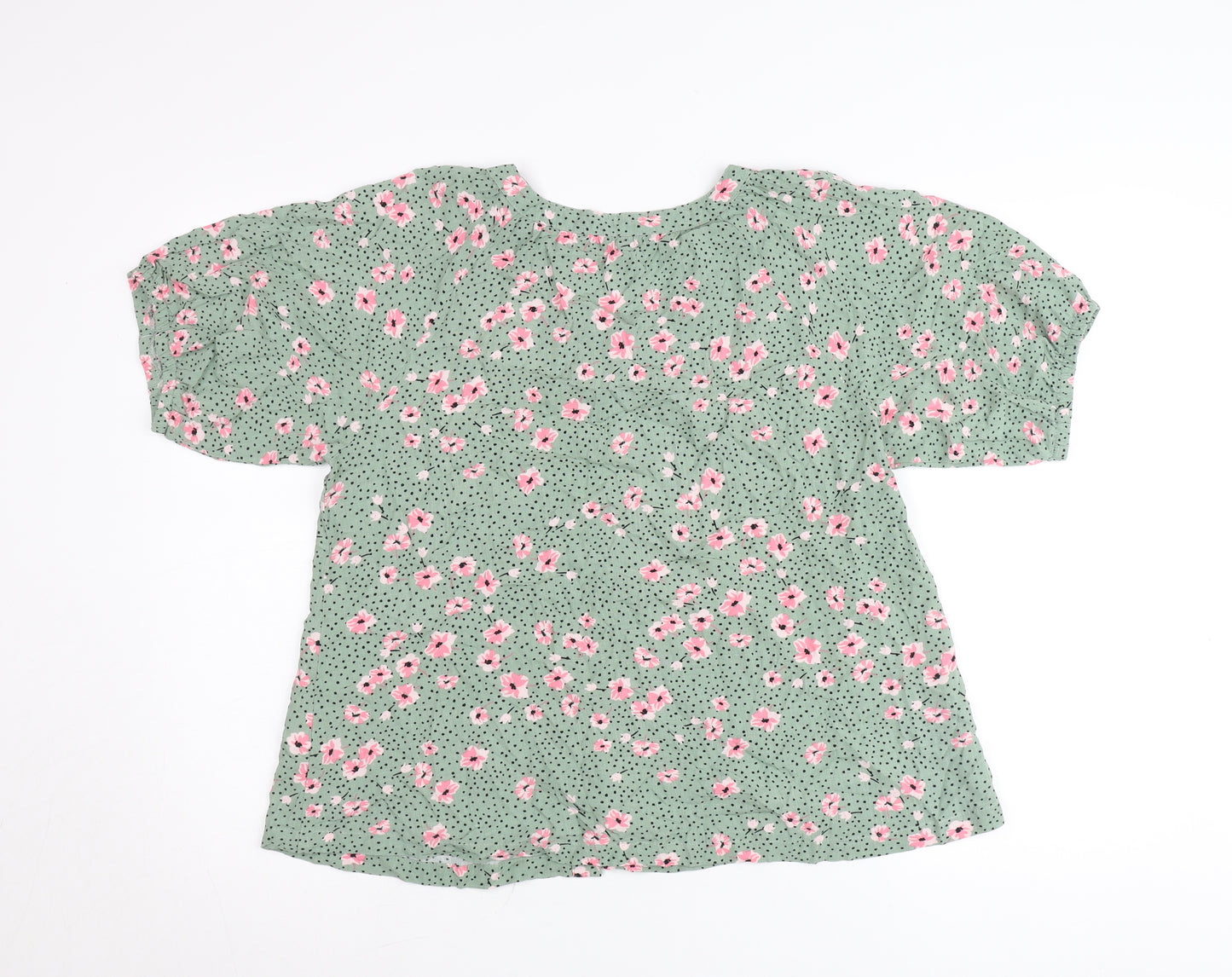 Bonmarché Womens Green Floral Blouse Size 12 Short Sleeve Viscose