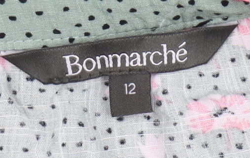Bonmarché Womens Green Floral Blouse Size 12 Short Sleeve Viscose