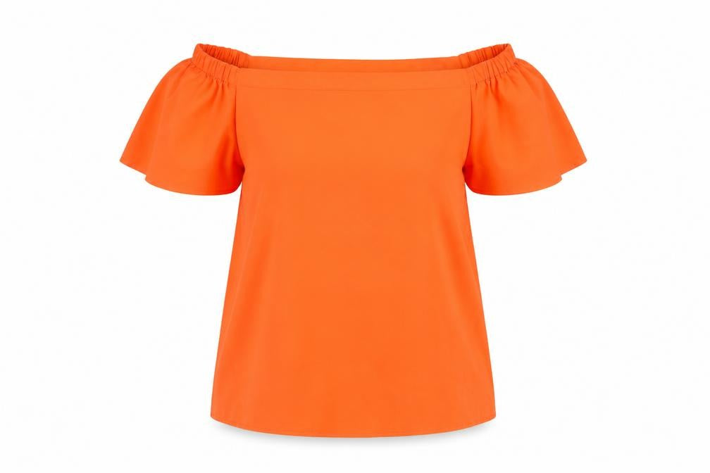 Front view of Peacocks Women’s Orange Off Shoulder Tunic Blouse, size UK 10