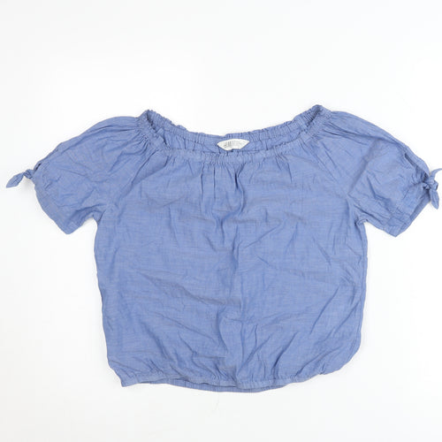 H&M Teens Blue Cotton Off Shoulder Blouse Size 14 Short Sleeve
