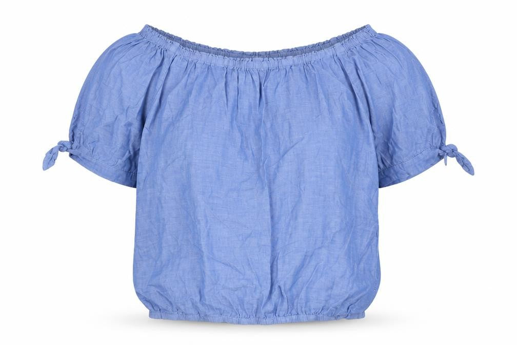 Front view of H&M Teens Blue Cotton Off Shoulder Blouse, size 14, Short Sleeve