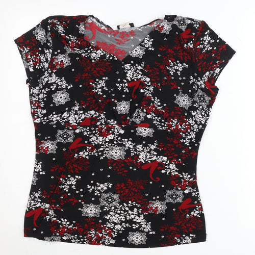 Perseption Concept Women's Black Red Floral V-Neck Tunic Blouse L