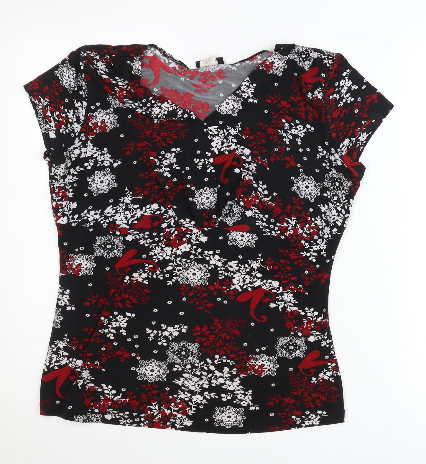 Perseption Concept Women's Black Red Floral V-Neck Tunic Blouse L