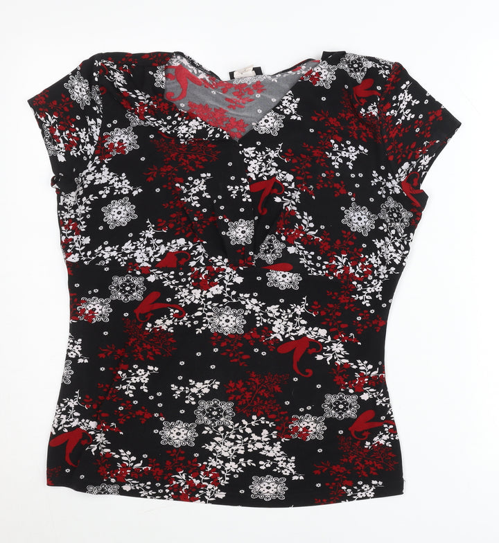 Perseption Concept Women's Black Red Floral V-Neck Tunic Blouse L
