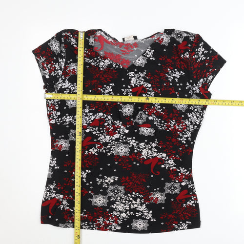 Perseption Concept Women's Black Red Floral V-Neck Tunic Blouse L