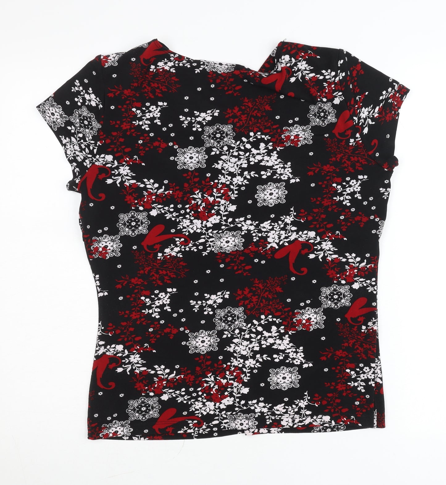 Perseption Concept Women's Black Red Floral V-Neck Tunic Blouse L
