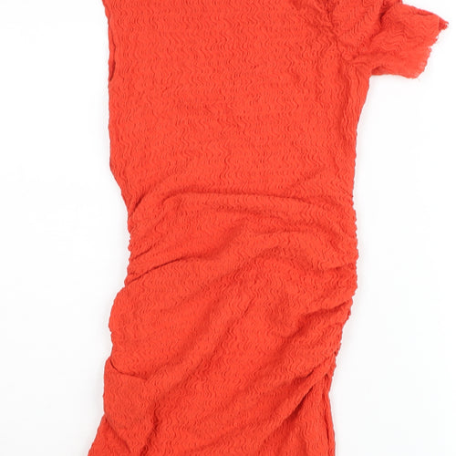 Zara Women Red Bodycon Midi Dress Size 12 Ruched Party