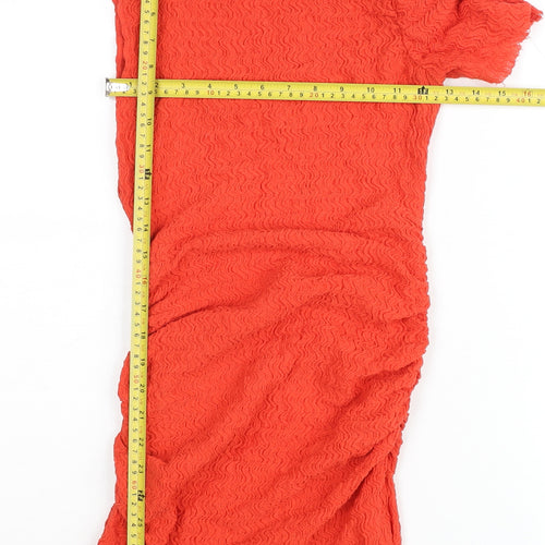 Zara Women Red Bodycon Midi Dress Size 12 Ruched Party