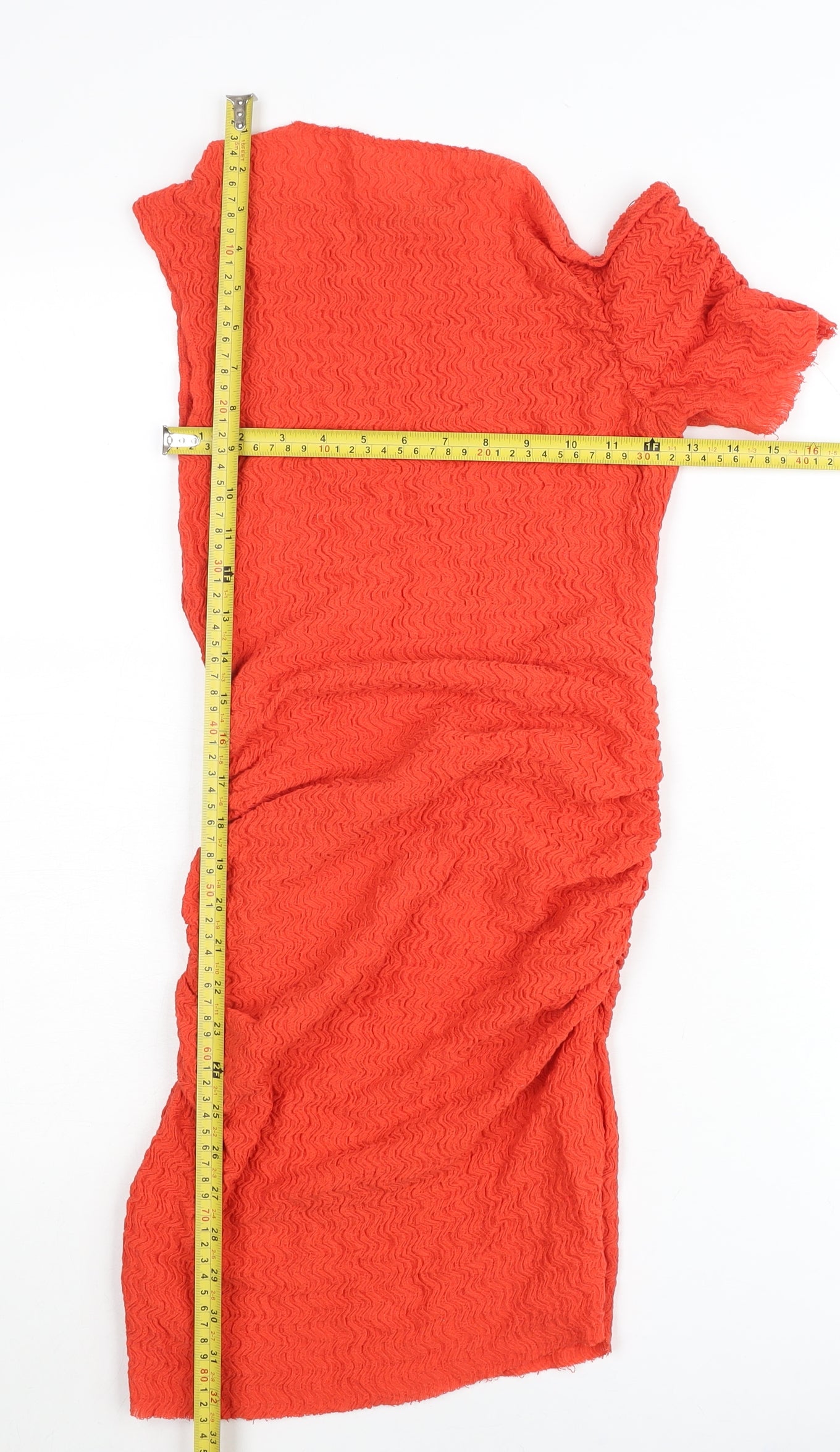 Zara Women Red Bodycon Midi Dress Size 12 Ruched Party