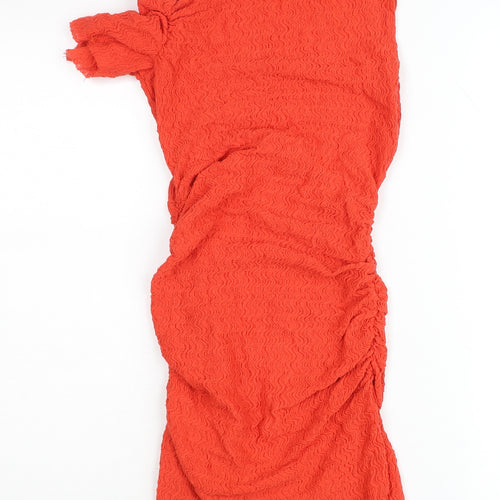 Zara Women Red Bodycon Midi Dress Size 12 Ruched Party