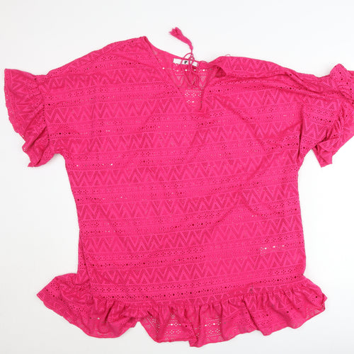 Very Womens Pink Crochet Cotton Tunic Blouse Size 14 V-Neck Flutter Sleeve