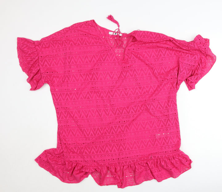 Very Womens Pink Crochet Cotton Tunic Blouse Size 14 V-Neck Flutter Sleeve