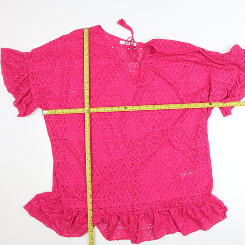 Very Womens Pink Crochet Cotton Tunic Blouse Size 14 V-Neck Flutter Sleeve