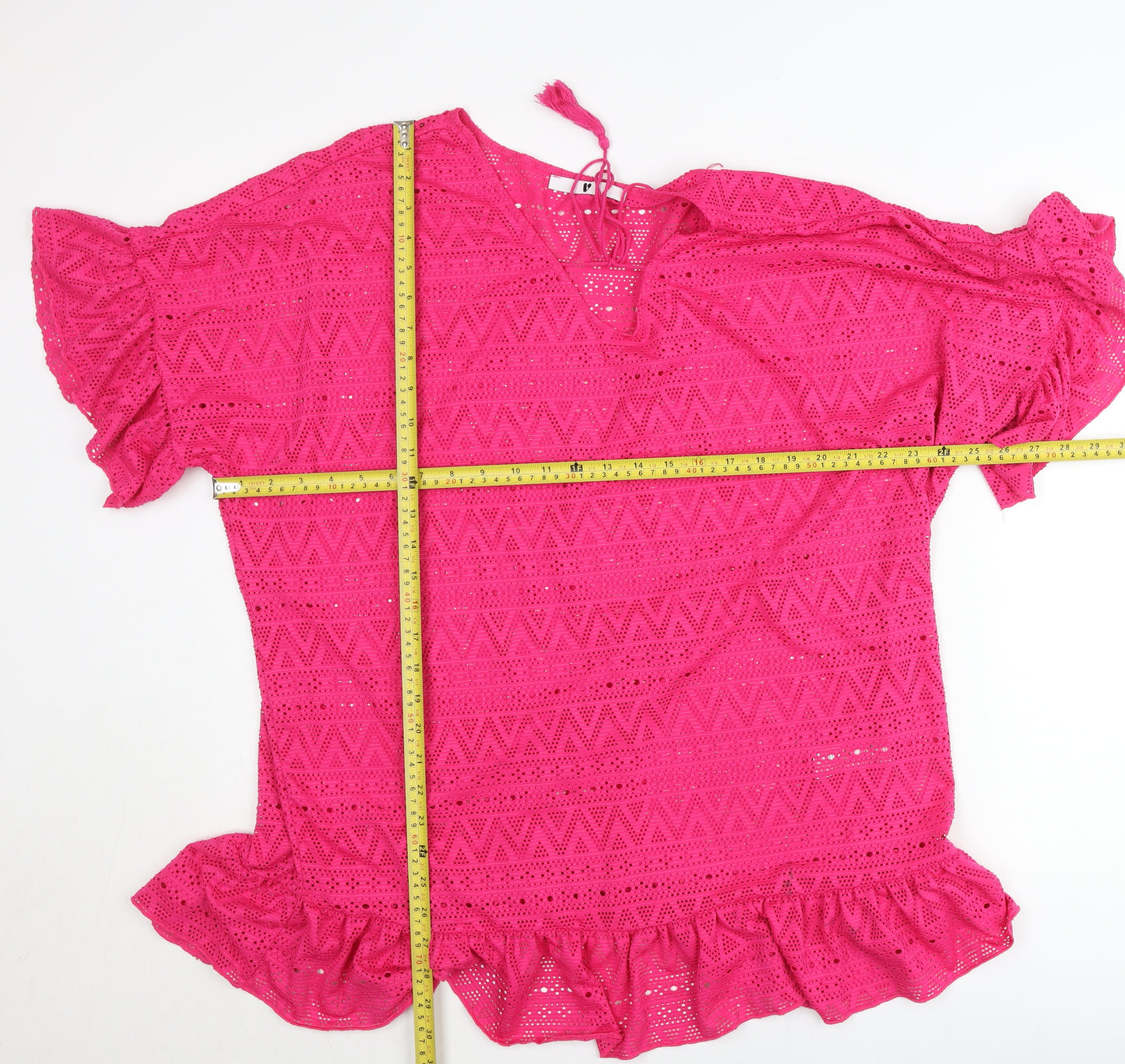 Very Womens Pink Crochet Cotton Tunic Blouse Size 14 V-Neck Flutter Sleeve