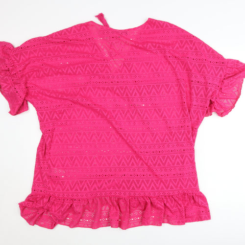 Very Womens Pink Crochet Cotton Tunic Blouse Size 14 V-Neck Flutter Sleeve