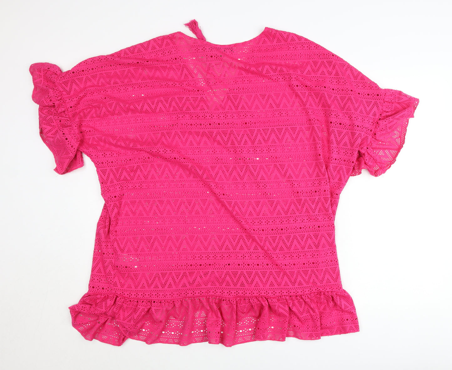 Very Womens Pink Crochet Cotton Tunic Blouse Size 14 V-Neck Flutter Sleeve