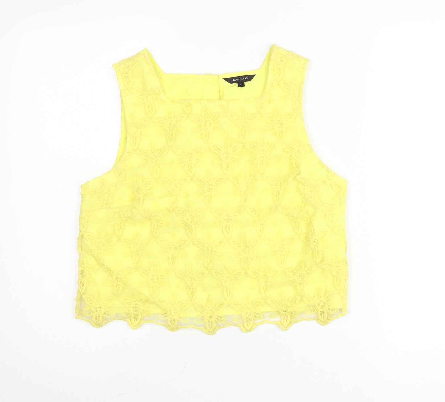 River Island Womens Yellow Lace Floral Cropped Sleeveless Blouse Size 12