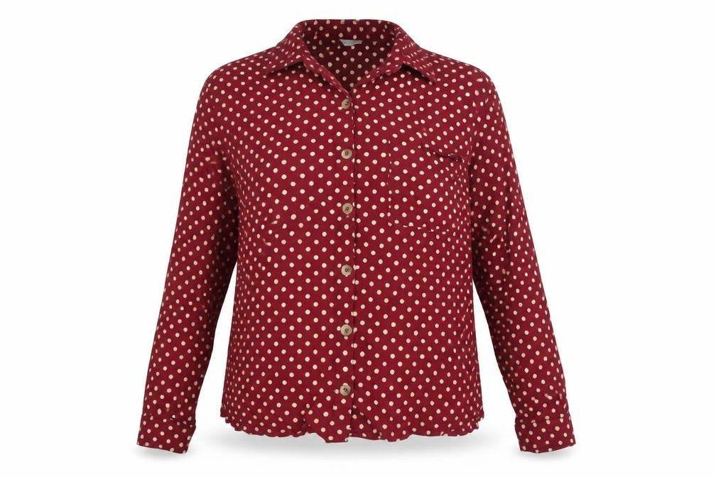 Front view of Next Teens Red Polka Dot Button-Up Shirt Long Sleeve, size 14