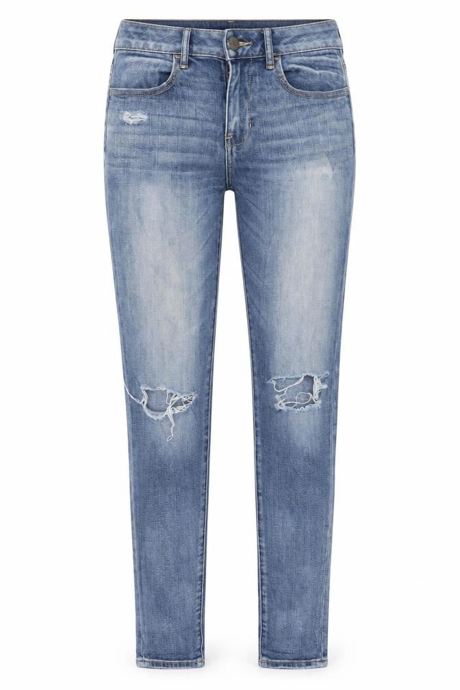 Front view of American Eagle women’s blue skinny jeans, size UK 6, distressed denim