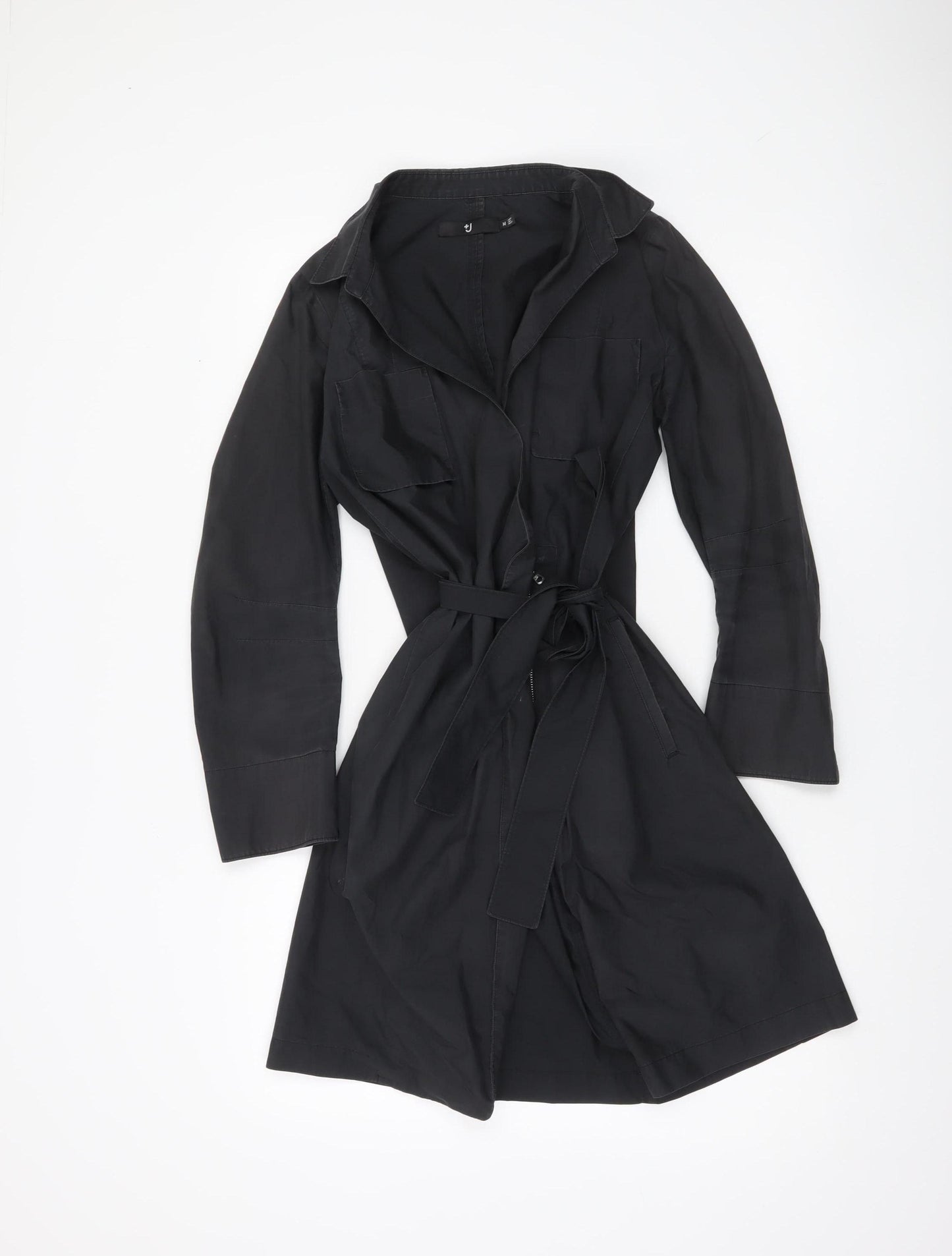 +J Womens Black Trench Coat Belted Mid Length Size M